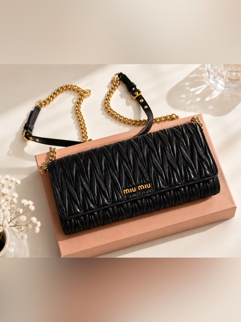 Miu Miu Black Quilted Matelassé Leather Chain Crossbody with Gold Hardware